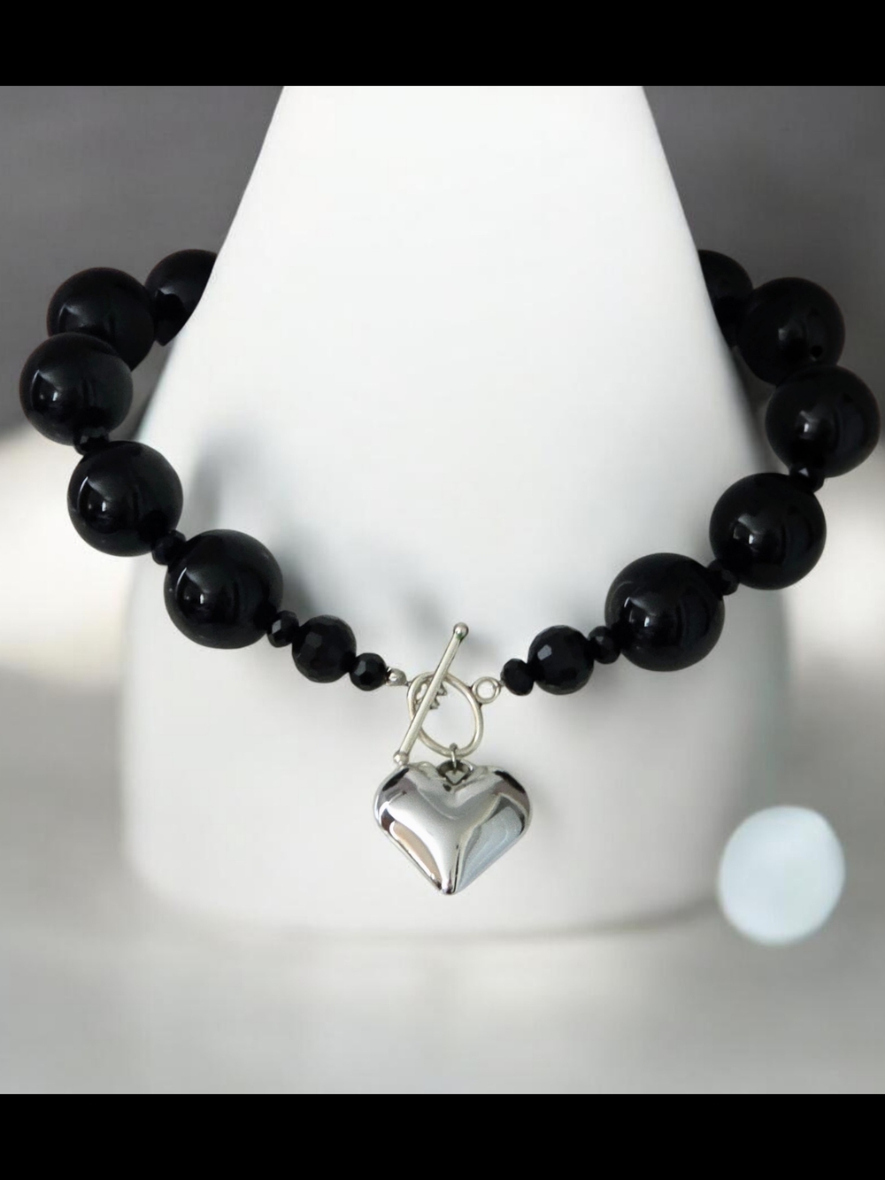 Black Acrylic Beaded Necklace with Silver Heart Pendant